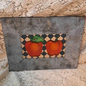 Painted apple art metal nailed folk art wall decor 12x9 wood